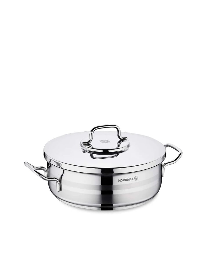Korkmaz Astra2 Low Casserole 26 x 8,5 cm - 4,5 L mit Deckel in Silber