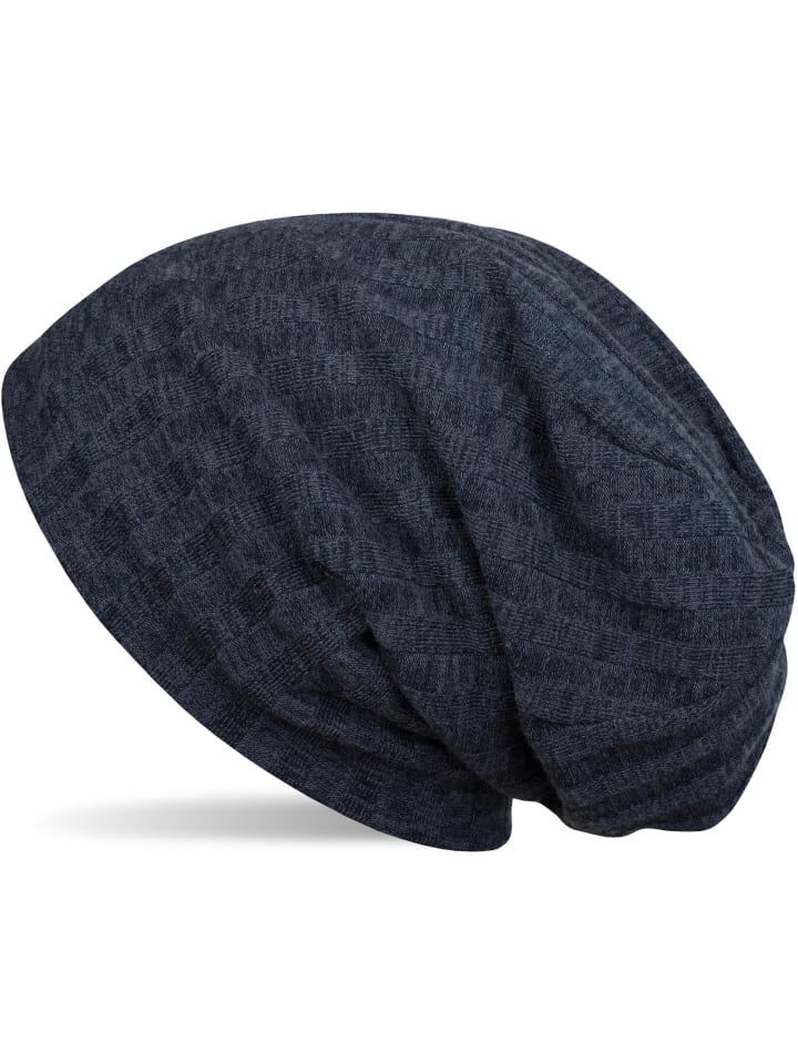 Feinstrick Beanie Mütze in Dunkelblau meliert