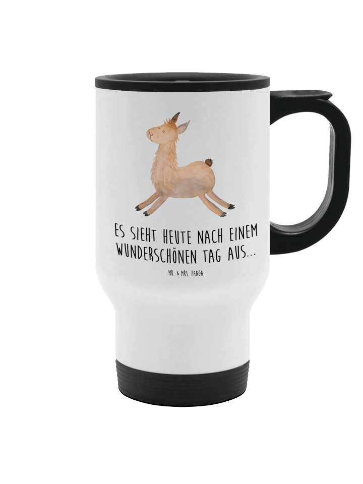Thermobecher Lama Springen mit Spruch in Weiß
