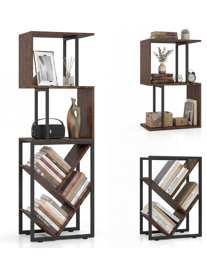 2 in 1 Bücherregal S-förmig & baumförmig 39,5 x 25 x 122 cm in Braun