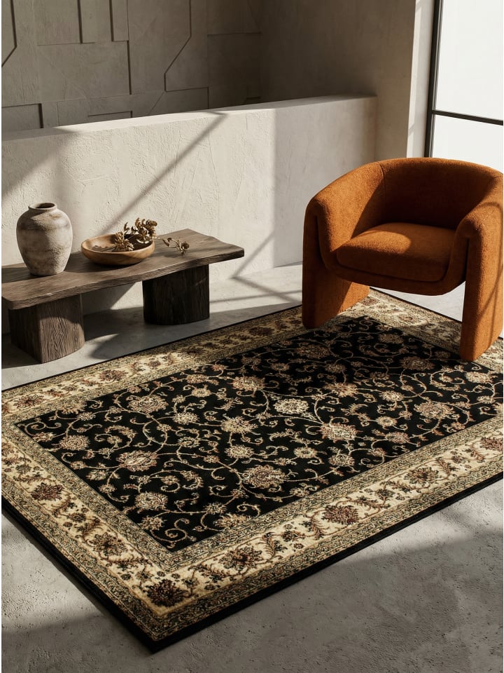 Teppich Kurzflor Waschbar Orientalisch TANNHEIM Strapazierfähig in Schwarz