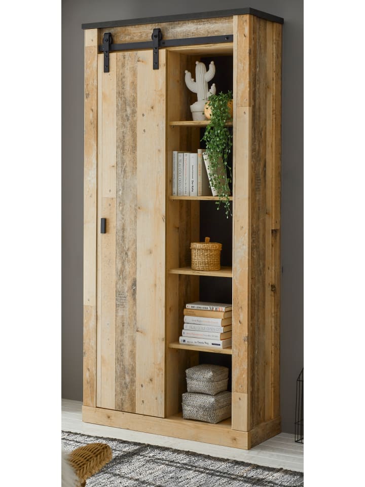 Stauraumschrank Used Wood hell, anthrazit, Mehrzweckschrank mit Schiebetür