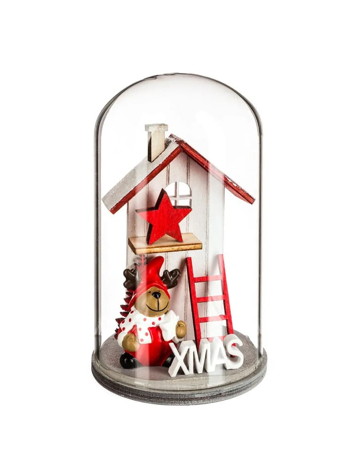 Glaskuppel mit Weihnachtshaus aus Holz in Rot, 12 cm