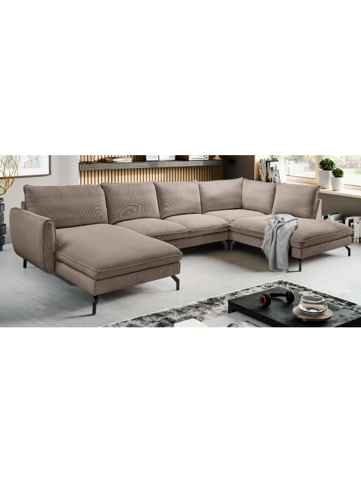 Sofa braun Cord-Stoff 202 x 361 cm, Wohnlandschaft U-Form