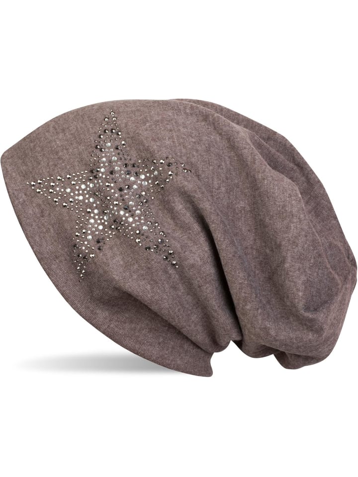 Beanie Mütze mit Strass Stern in Braun meliert