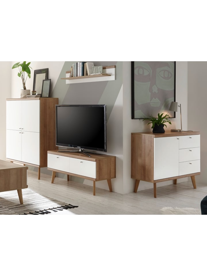 Wohnwand weiß Eiche Riviera, Schrankwand skandinavisch 4-teilig 341 x 160 cm