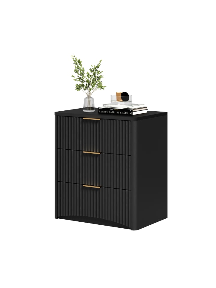 Nachttisch in Schwarz mit 3 Schubladen Rillendesign Metallgriffen