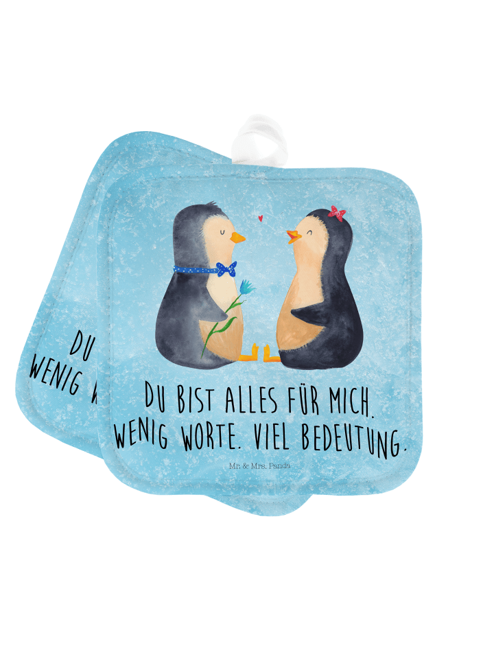 Topflappen Pinguin Pärchen mit Spruch in Eisblau