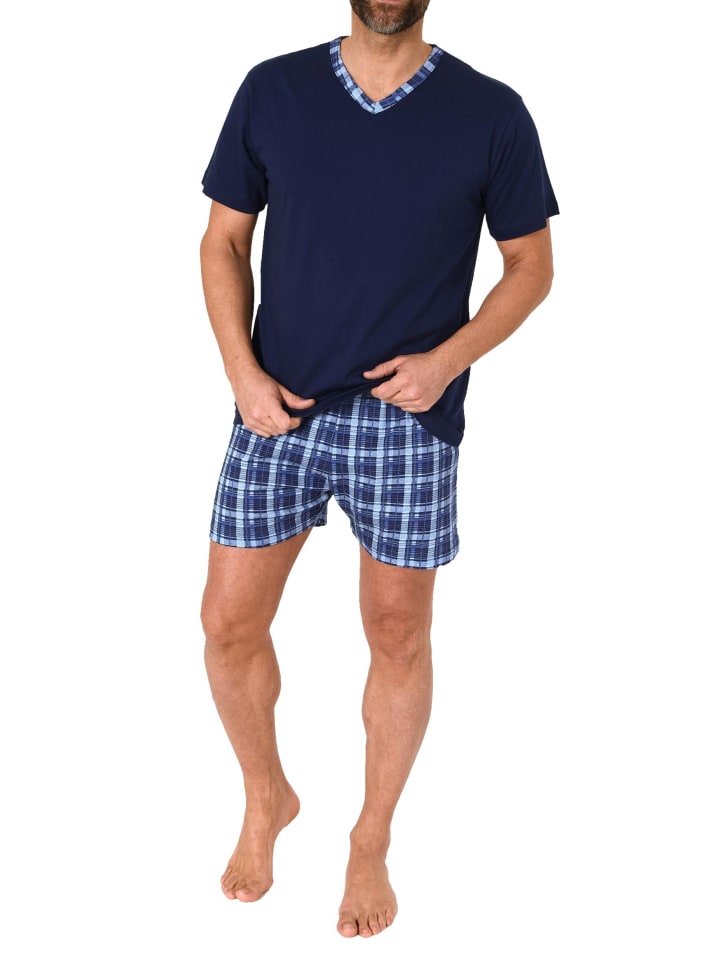 Schlafanzug kurzarm Shorty mit karierter Jersey Hose - 86237 in navy