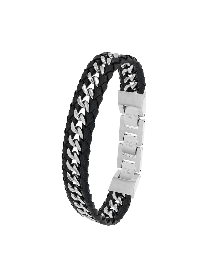 Armband Edelstahl, Leder in Schwarz