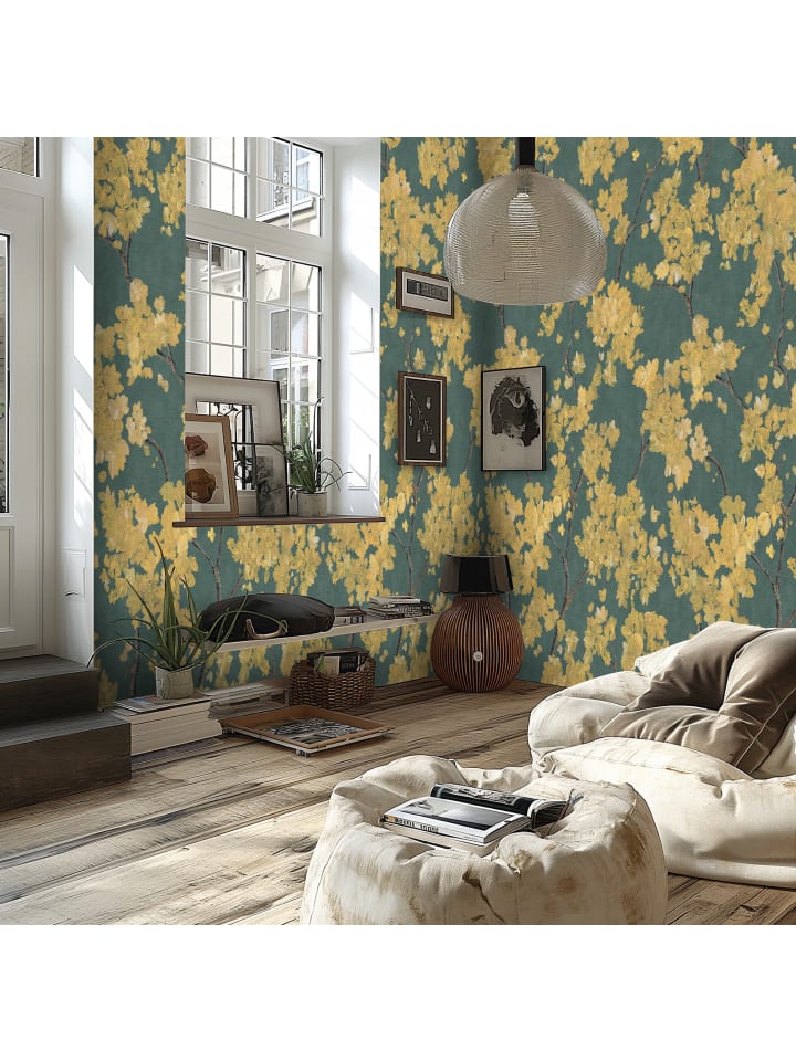 Wandbild Golden Blossom in Smaragdgrün