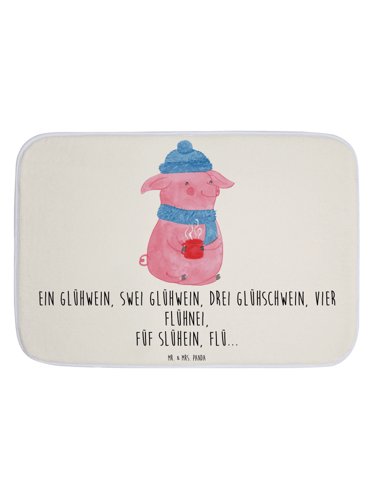 Badeteppich Schweinchen Glühwein mit Spruch in Weiß