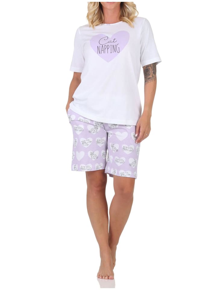Kurzarm Shorty Schlafanzug Pyjama Herz Katzenmotiv 125 205 360 in lila