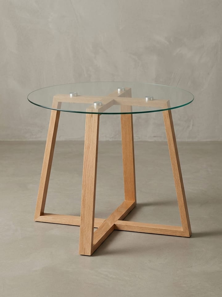 Massiver Eiche-Glas Couchtisch, Modernes Design, Überkreuztes Gestell