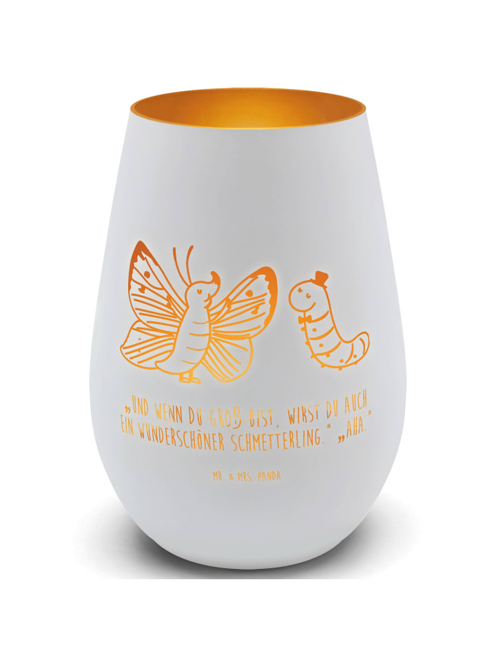 Outdoor Windlicht Raupe Schmetterling mit Spruch in Weiß