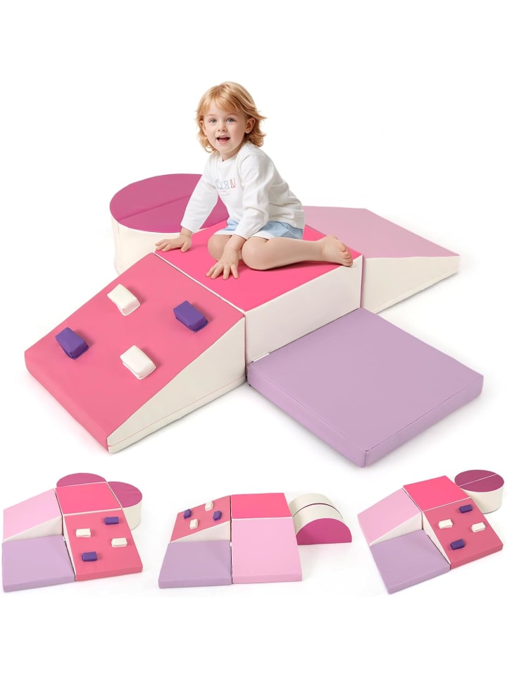 6 tlg. Softbausteine Kinder mit Kletterfelsen in Rosa