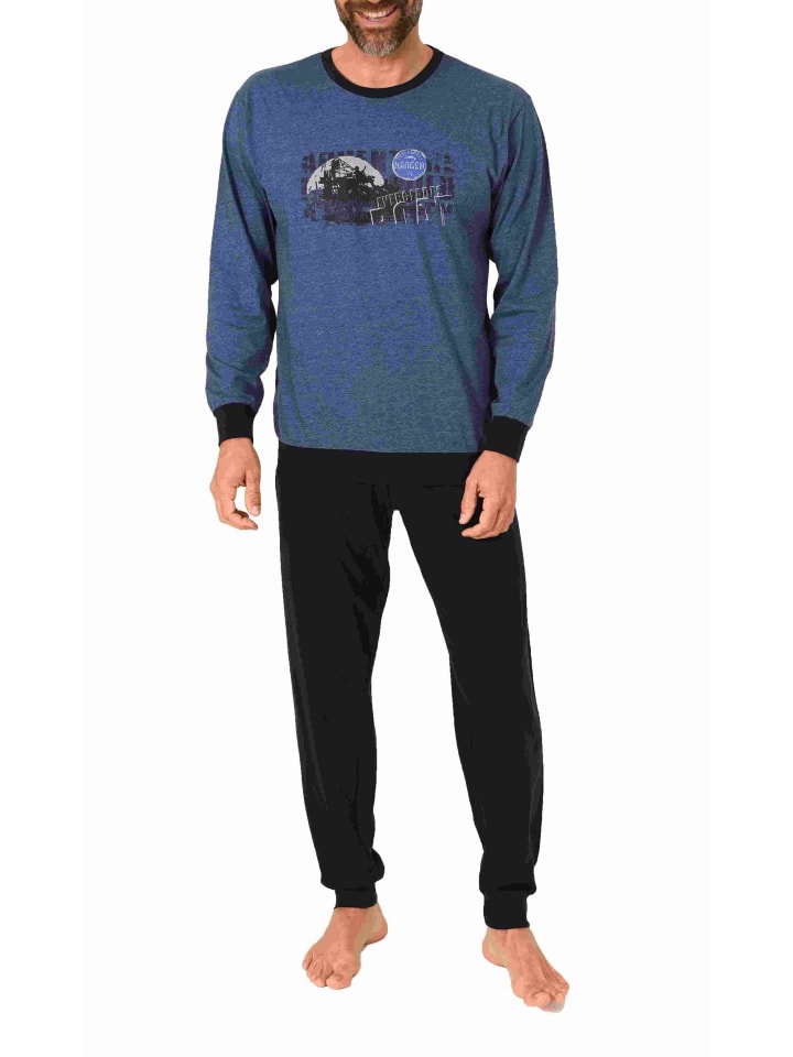 langarm Schlafanzug Bündchen Pyjama - 87963 in blau-melange