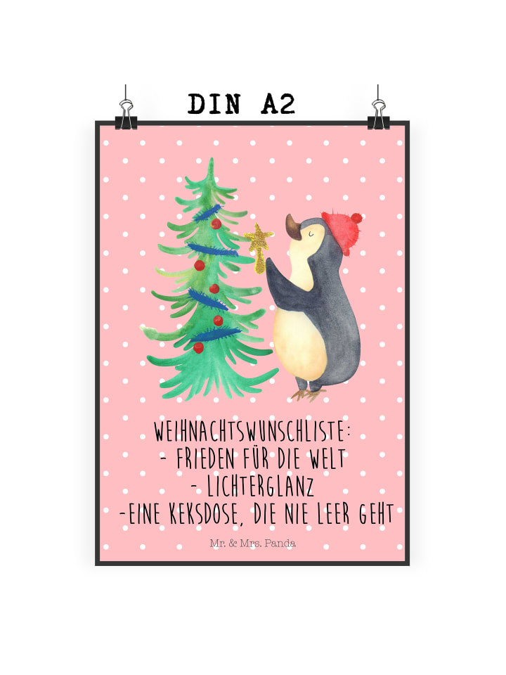 Poster Pinguin Weihnachtsbaum mit Spruch in Rot Pastell