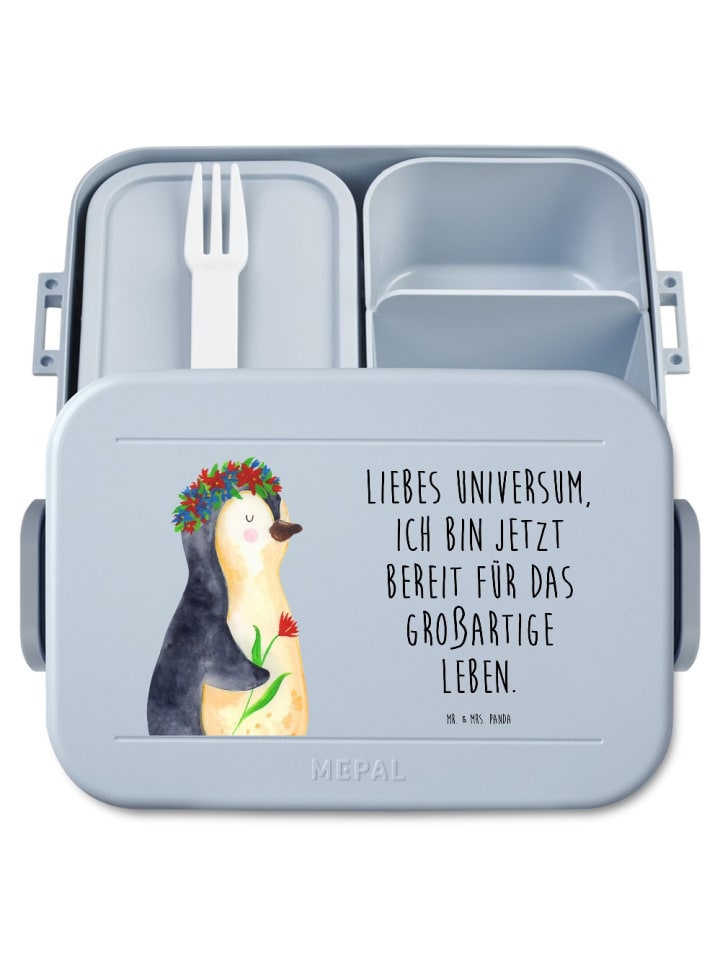 Lunchbox Pinguin Blumen Motiv mit Spruch in Blau Pastell