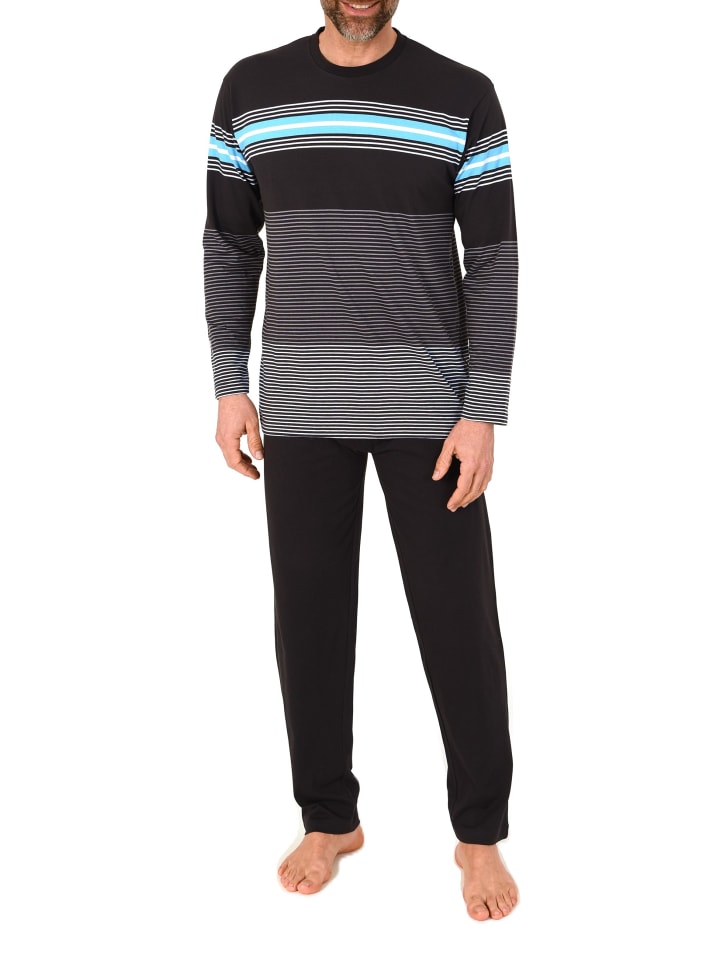 Langarm Schlafanzug Pyjama Streifen in blau