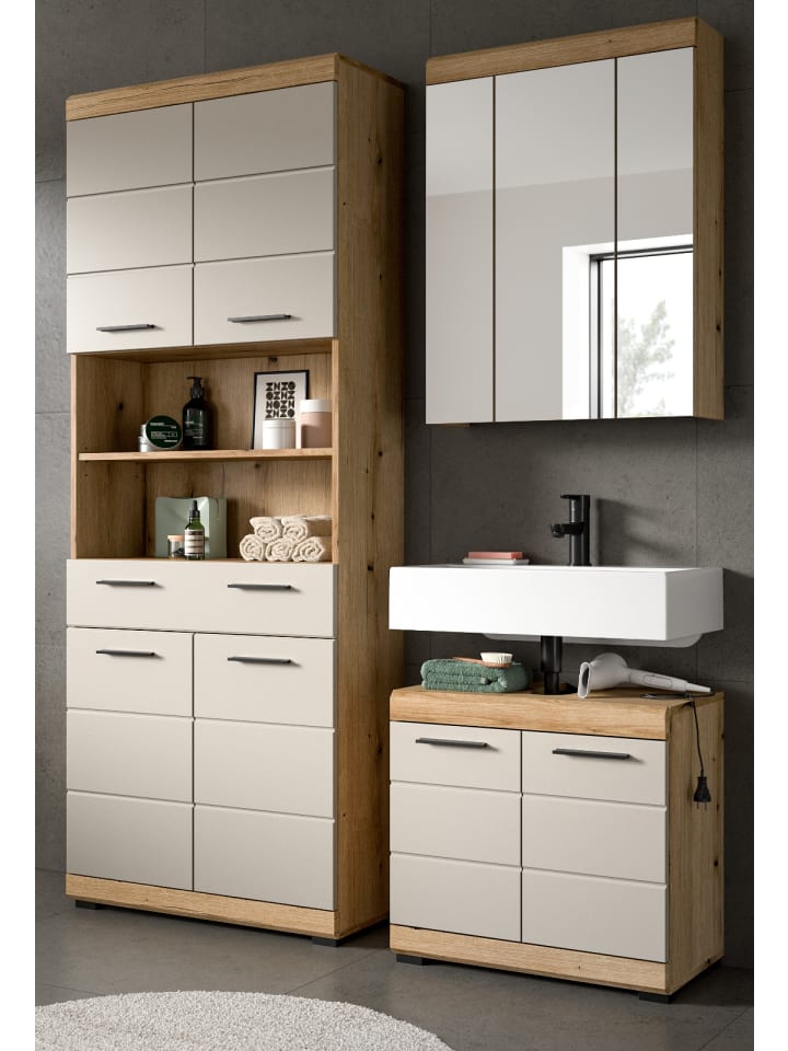 Badmöbel-Set Sand Kaschmir, Evoke Eiche, Badkombination 3-teilig 149 cm
