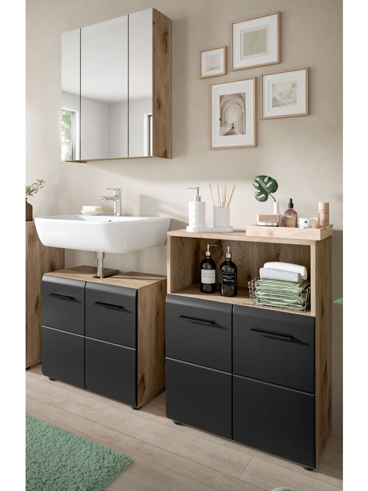 Badmöbel-Set 3-teilig schwarz matt, Eiche Nox, Badezimmer Set 135 x 185 cm