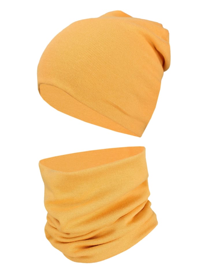 Unisex Kinder Beanie Mütze Schlauchschal Set in gelb