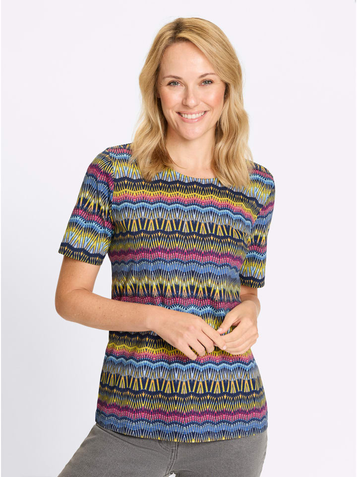 Rundhals-Shirt in marine-limone-bedruckt
