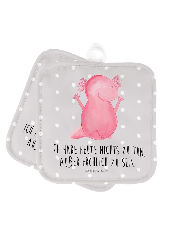 Topflappen Axolotl Hurra mit Spruch in Grau Pastell