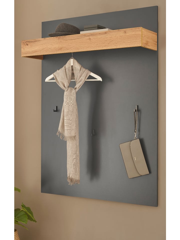 Garderobenpaneel grau matt, Eiche Wotan 100 cm, Wandgarderobe mit Kleiderstange
