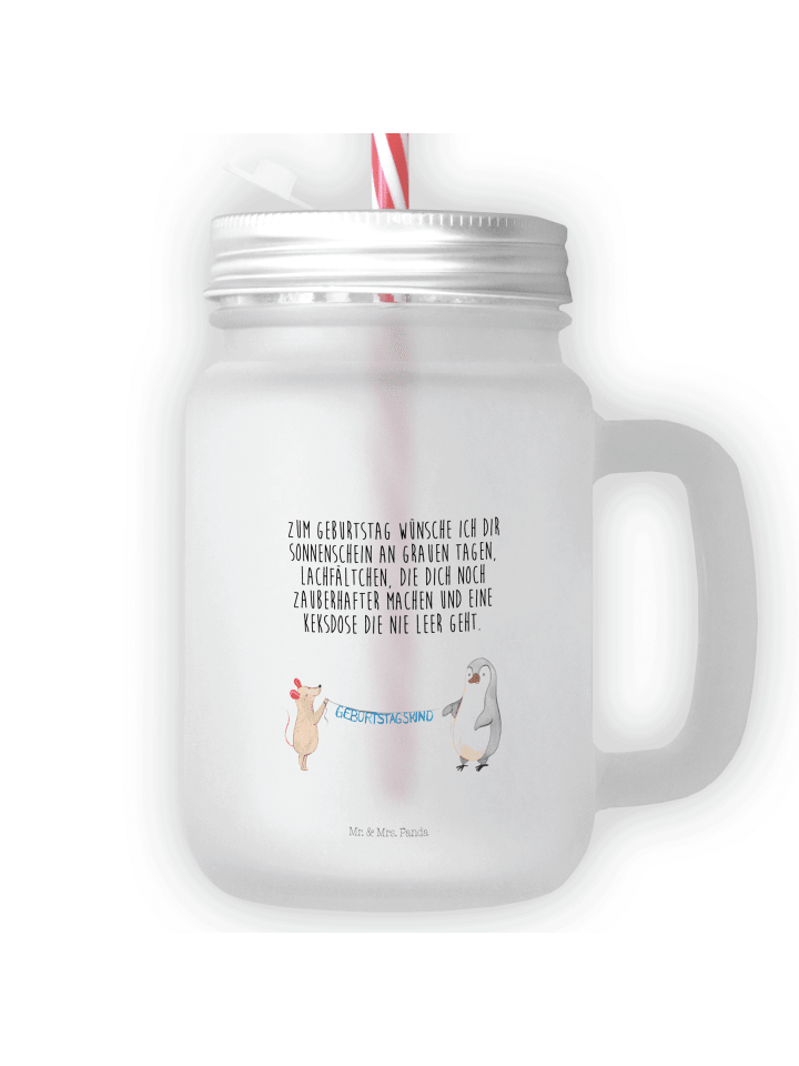 Blümchentailglas Maus Pinguin Geburtstag mit Spruch in Transparent