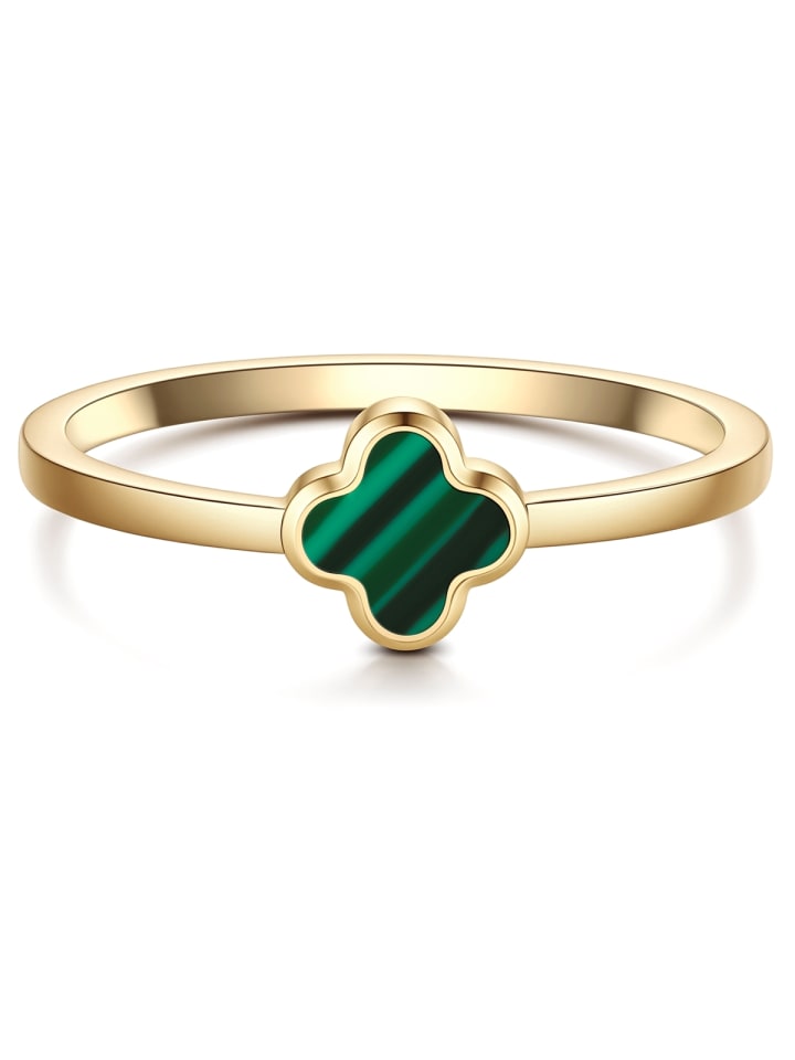 Ring Kleeblatt aus Edelstahl mit Malachit (synth.) in gelbgold