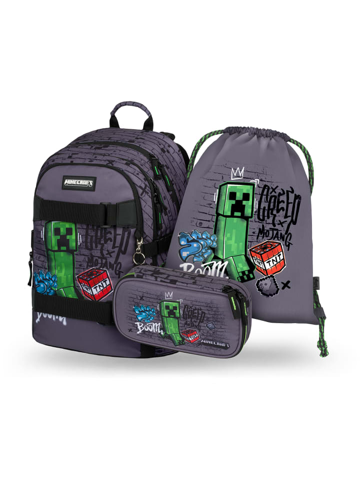 3-tlg. Set: Schulrucksack Skate in Grau Minecraft