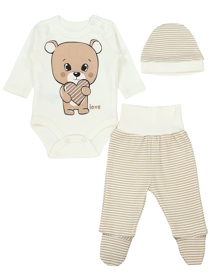 Baby Bekleidungsset Langarmbody Hose Mütze3 teilig in beige/gelb