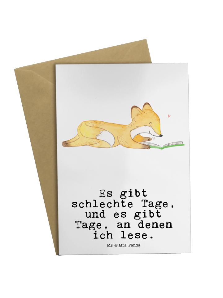 Glückwunschkarte Fuchs Lesen mit Spruch in Weiß
