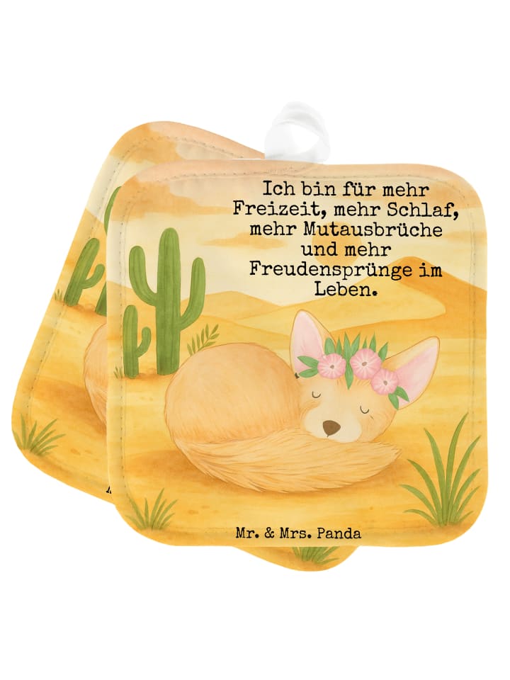 Topflappen Wüstenfuchs Blumen Design mit Spruch in Weiß