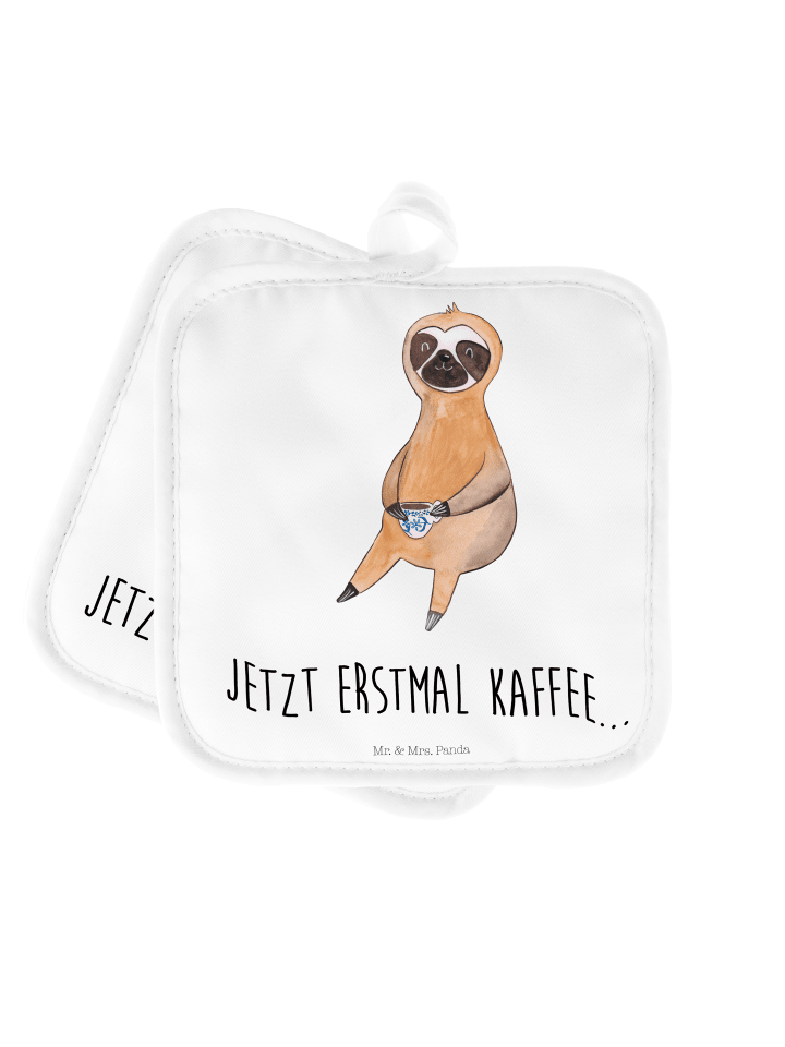 Topflappen Faultier Kaffee mit Spruch in Weiß