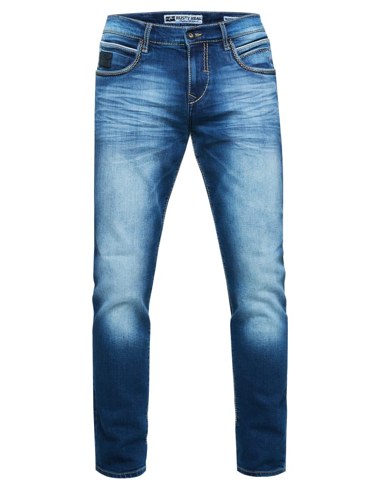 Jeans Hose "TOYAMA" Regular Fit mit Kontrast Naht in Dark Blue Used
