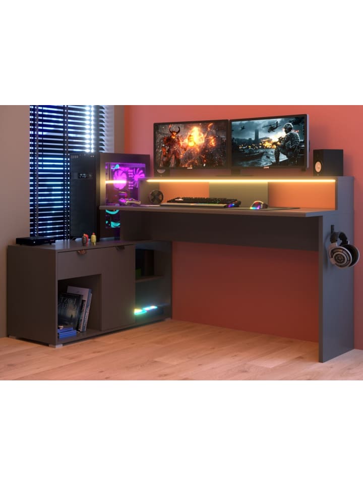 Gamingtisch schwarz, grau 229 cm, Winkelschreibtisch inkl. LED mit Farbwechsel
