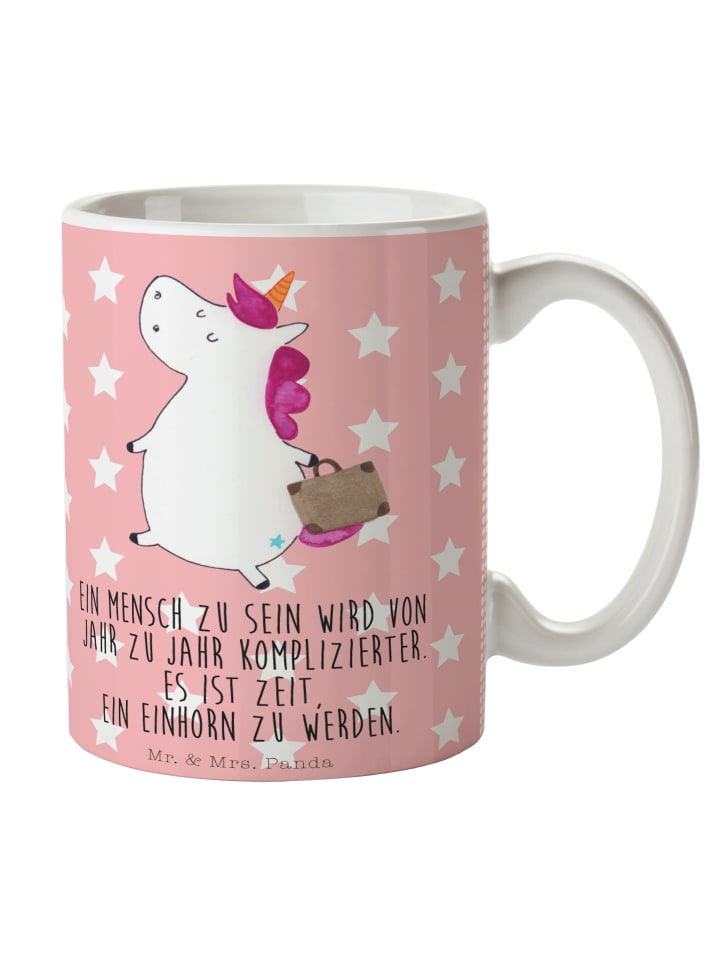 Kaffeebecher Einhorn Koffer mit Spruch in Rot Pastell
