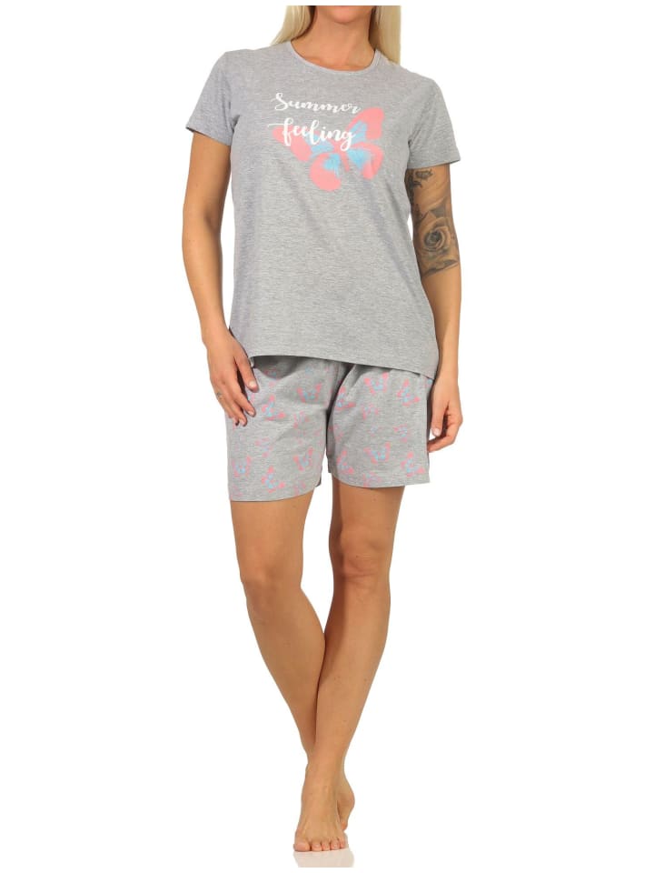 Kurzarm Shorty Schlafanzug Pyjama Schmetterlings - 66914 in grau