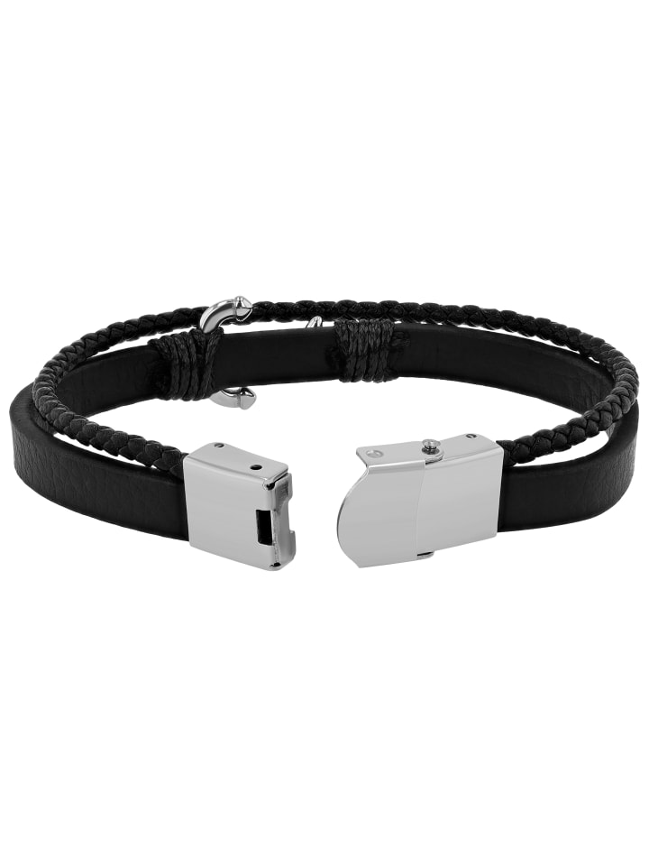 Edelstahl Armband Lederarmband in schwarz