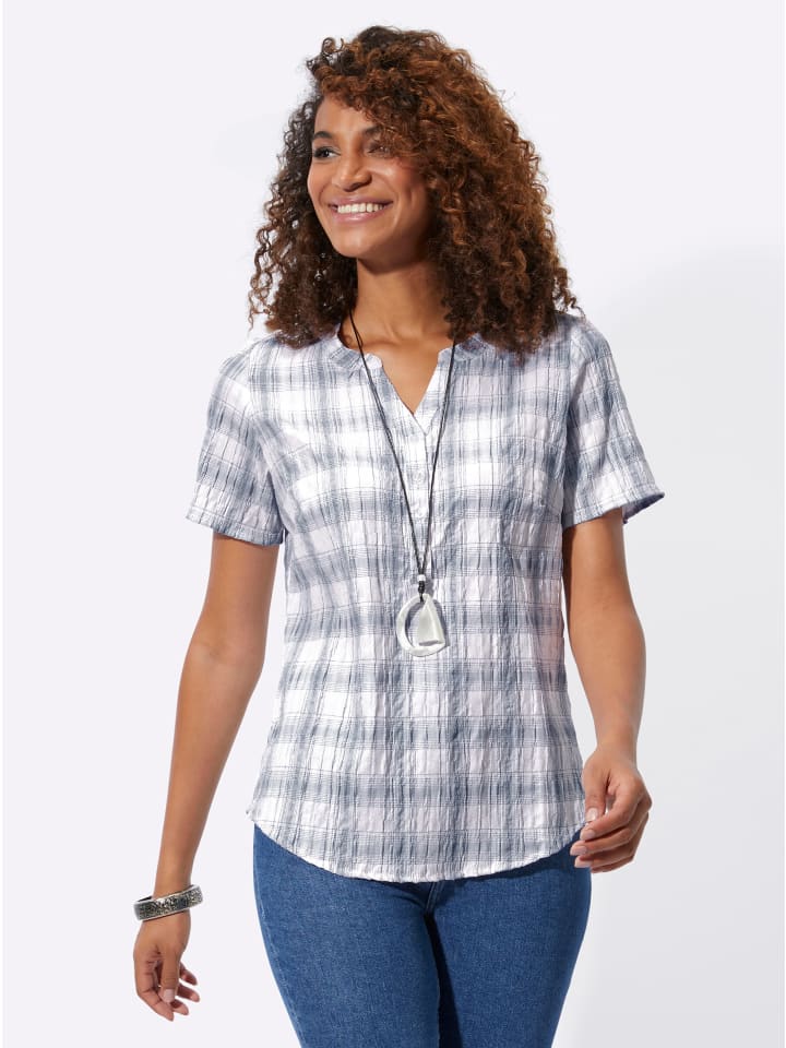 Karo-Bluse in marine-ecru-kariert