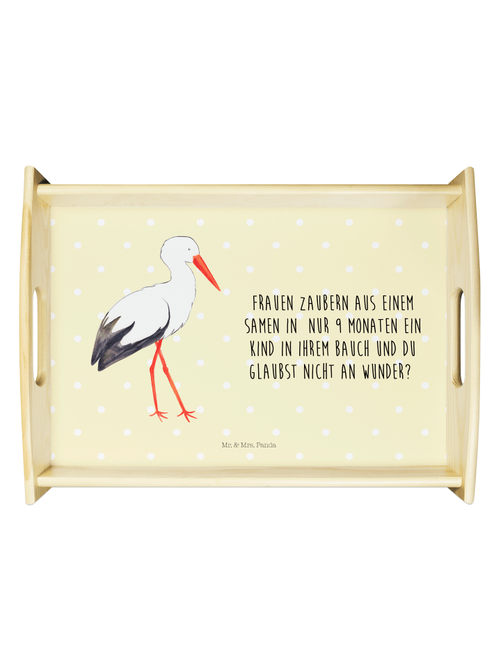 Serviertablett Storch mit Spruch in Gelb Pastell