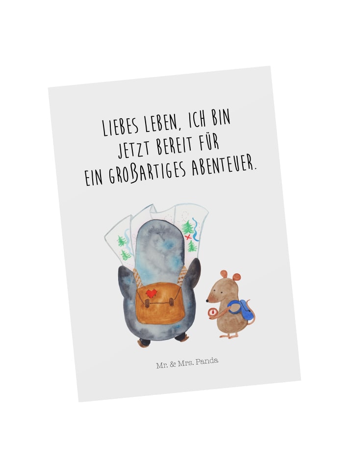 Postkarte Pinguin & Maus Wanderer mit Spruch in Weiß
