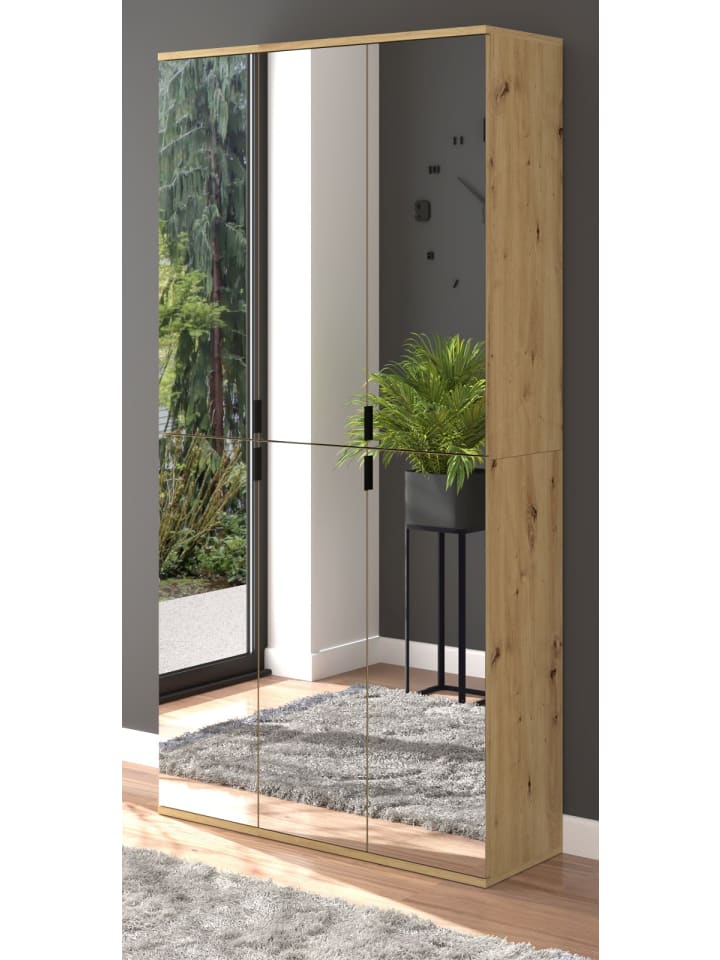 Garderobenschrank Artisan Eiche 91 cm, Flurschrank 6-türig mit Spiegel