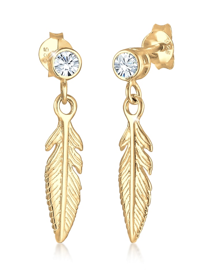 Ohrringe 925 Sterling Silber Boho, Feder in Gold