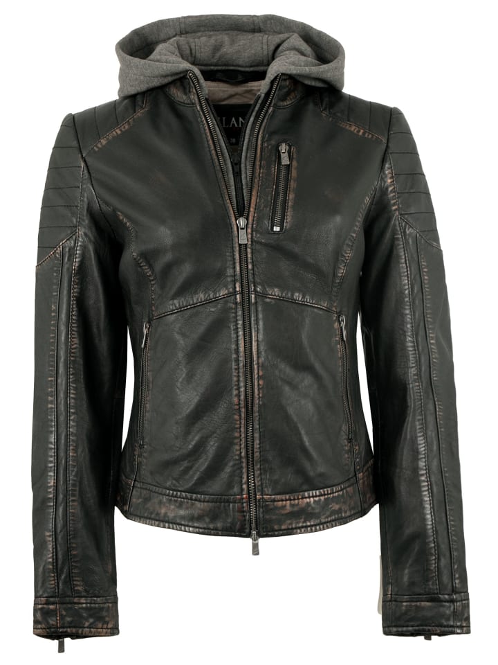 Lederjacke Lammnappa Kapuze in Schwarz-Beige