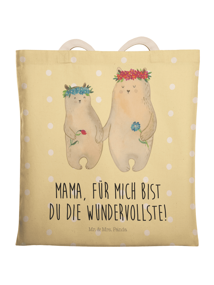 Tasche Bären mit Blumenkranz mit Spruch in Gelb Pastell