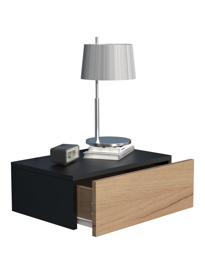 Holz Wandschublade Wand Hänge Nachttisch Usal M45 in Schwarz / Honig-Eiche